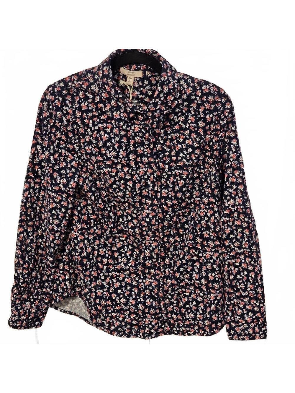 Como Vintage Navy Floral Button-Front Long Sleeve Corduroy Blouse PETITE S NWT